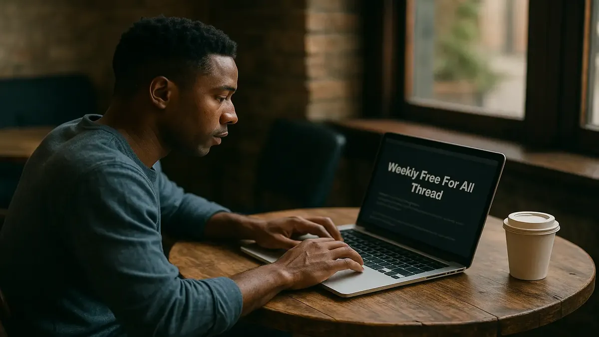 A lively forum scene with diverse people discussing various topics and ideas in a cozy coffee shop setting.