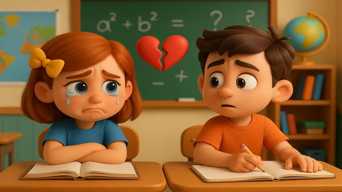 Cartoon 3D illustration of a boy reflecting on a past heartbreak involving a pretty girl in school.