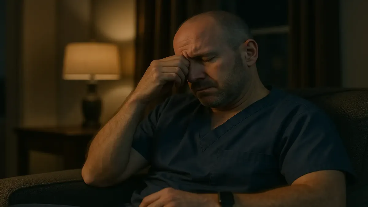 A healthcare worker supporting a colleague during a challenging shift in a hospital setting.