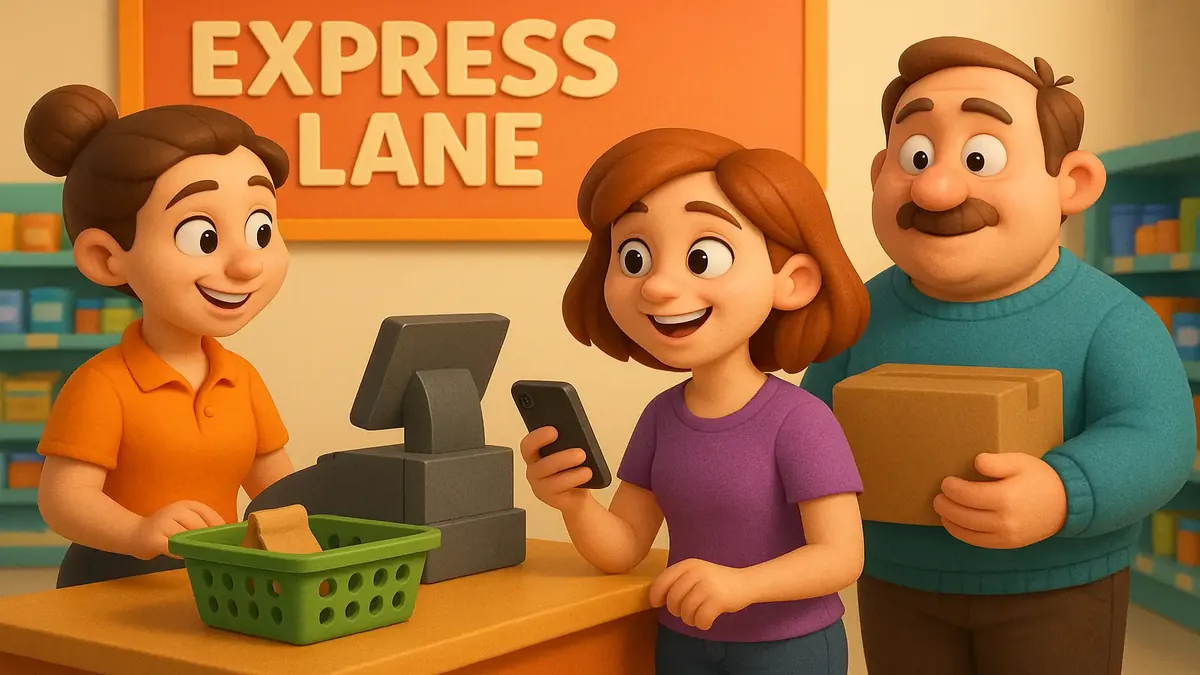 Cartoon-style illustration of retail workers sharing stories and experiences in a lively store setting.