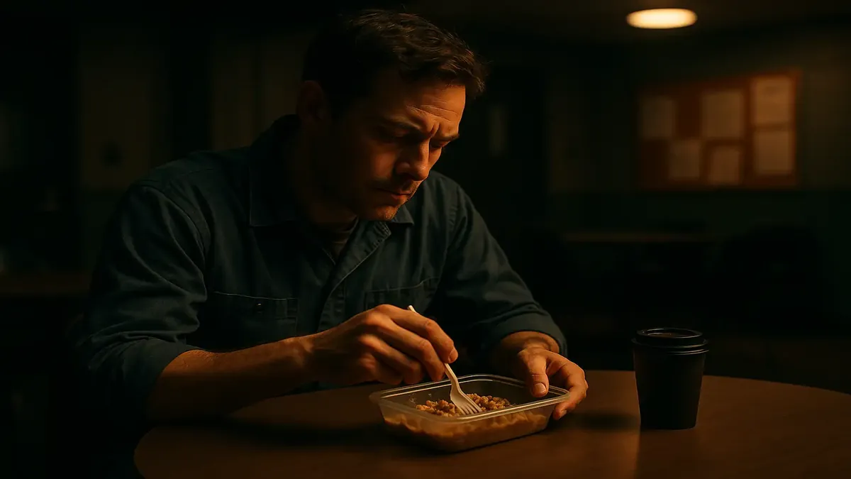 Cinematic image of a worker considering lunch break, reflecting on new management rules and workplace culture.