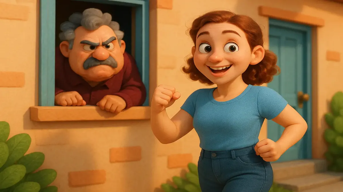 Cartoon illustration of a woman celebrating weight loss after gastric bypass surgery, representing a personal journey.