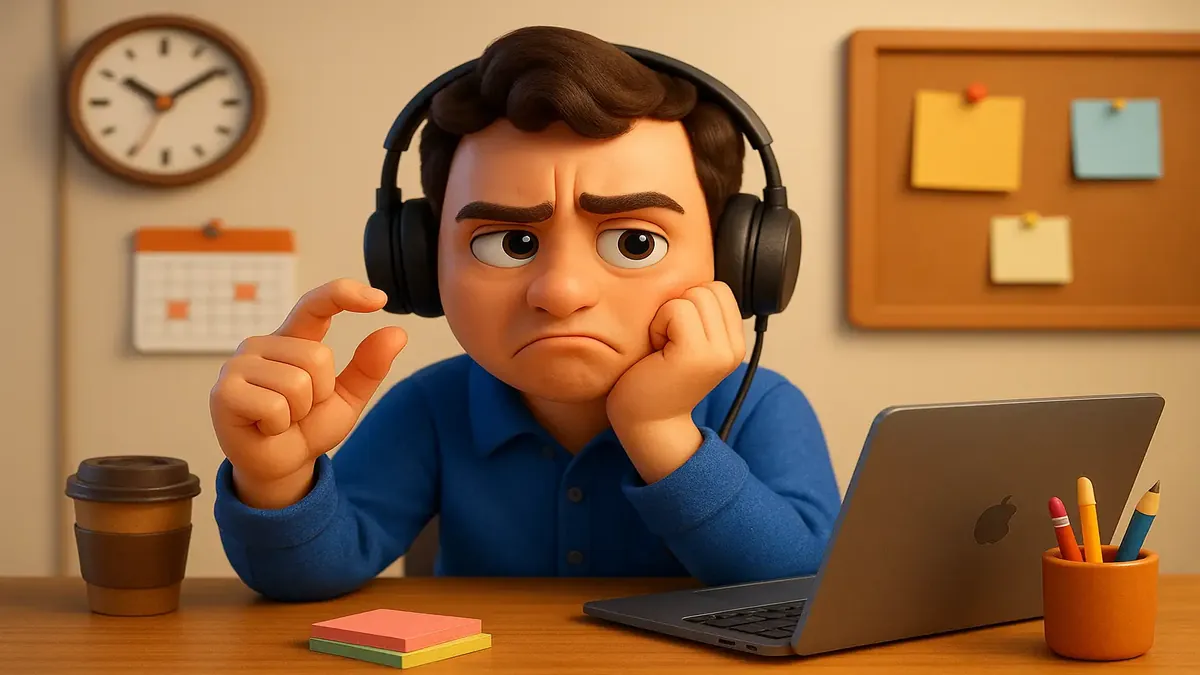 Cartoon 3D illustration of a stressed worker at a desk, overwhelmed by long hours and unexpected shifts.