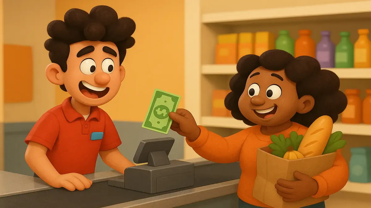 Cartoon 3D illustration of a stressed cashier at a supermarket, juggling money and customer demands.