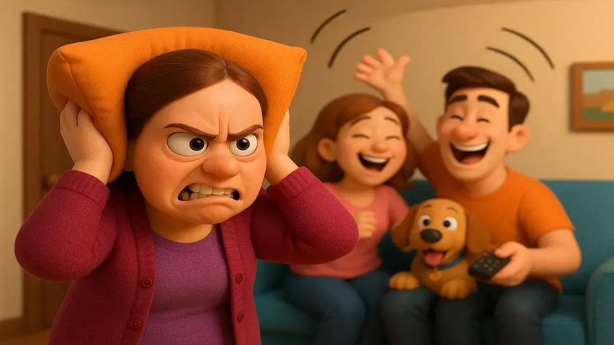 Cartoon 3D illustration of noisy neighbors causing chaos in an NYC apartment building.