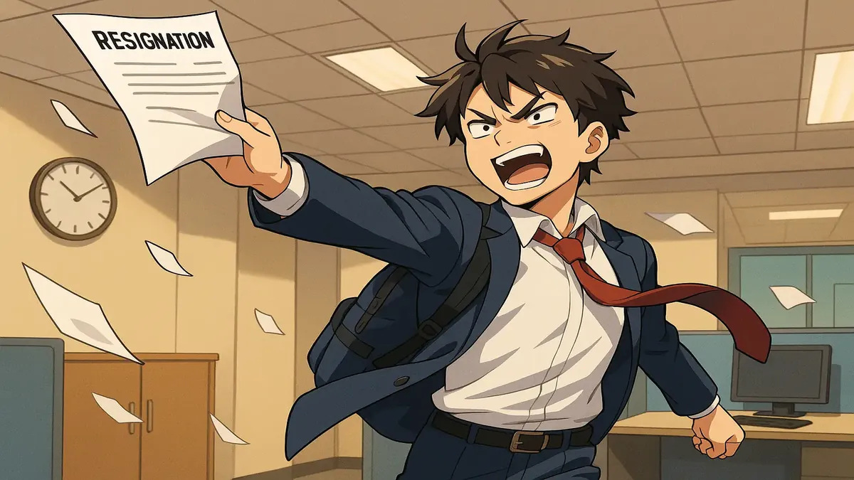 Anime-style illustration of a person confidently quitting their job in a corporate setting, symbolizing freedom.