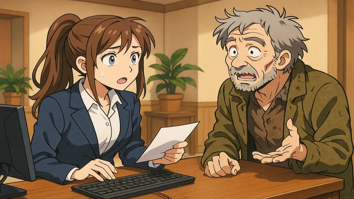 Anime illustration of a scruffy old man at a hotel front desk searching for a woman named Susie.