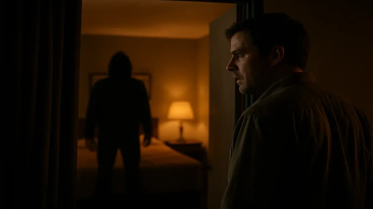 Night scene of a dimly lit motel room, evoking mystery and suspense at a truck stop in Pennsylvania.