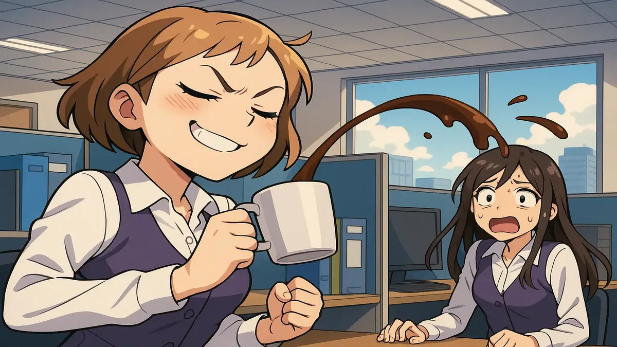 Anime illustration of a woman plotting revenge against a conniving coworker in an office setting.