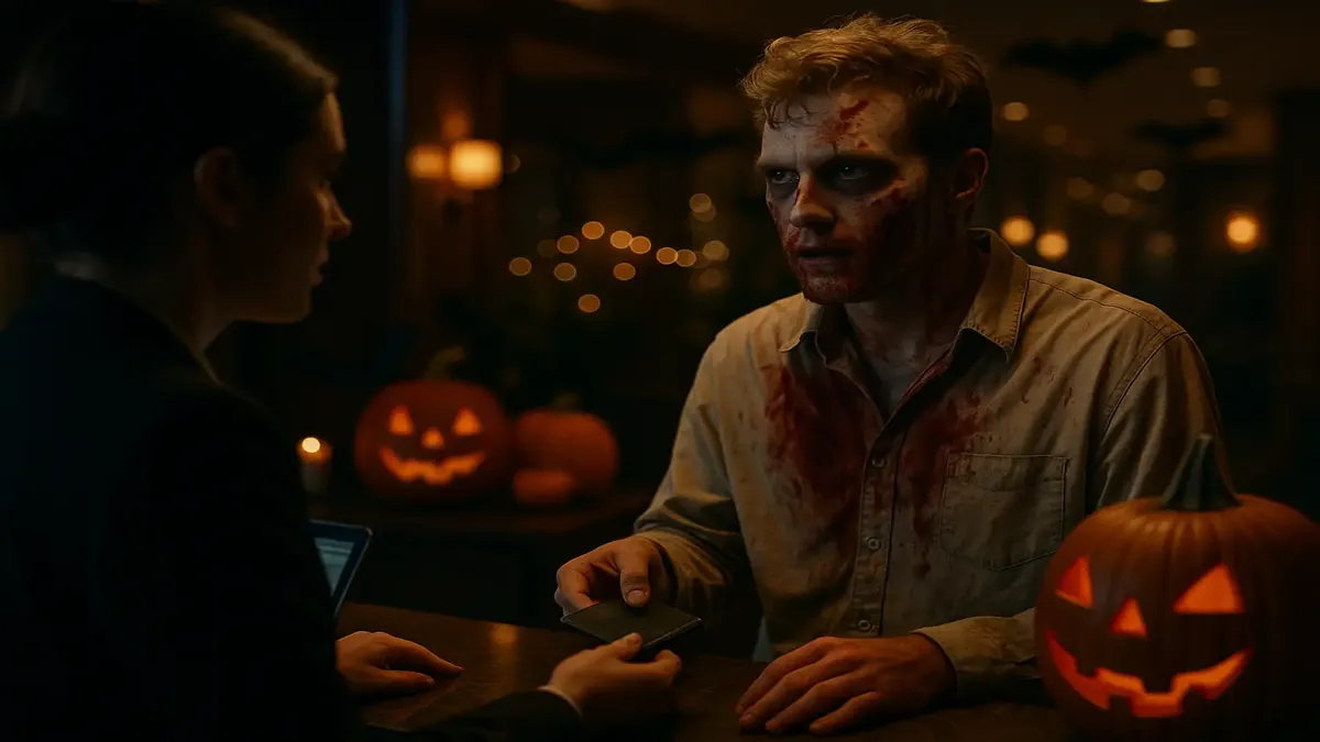 Cinematic image of a hotel lobby bustling with Halloween partygoers checking in and interacting.