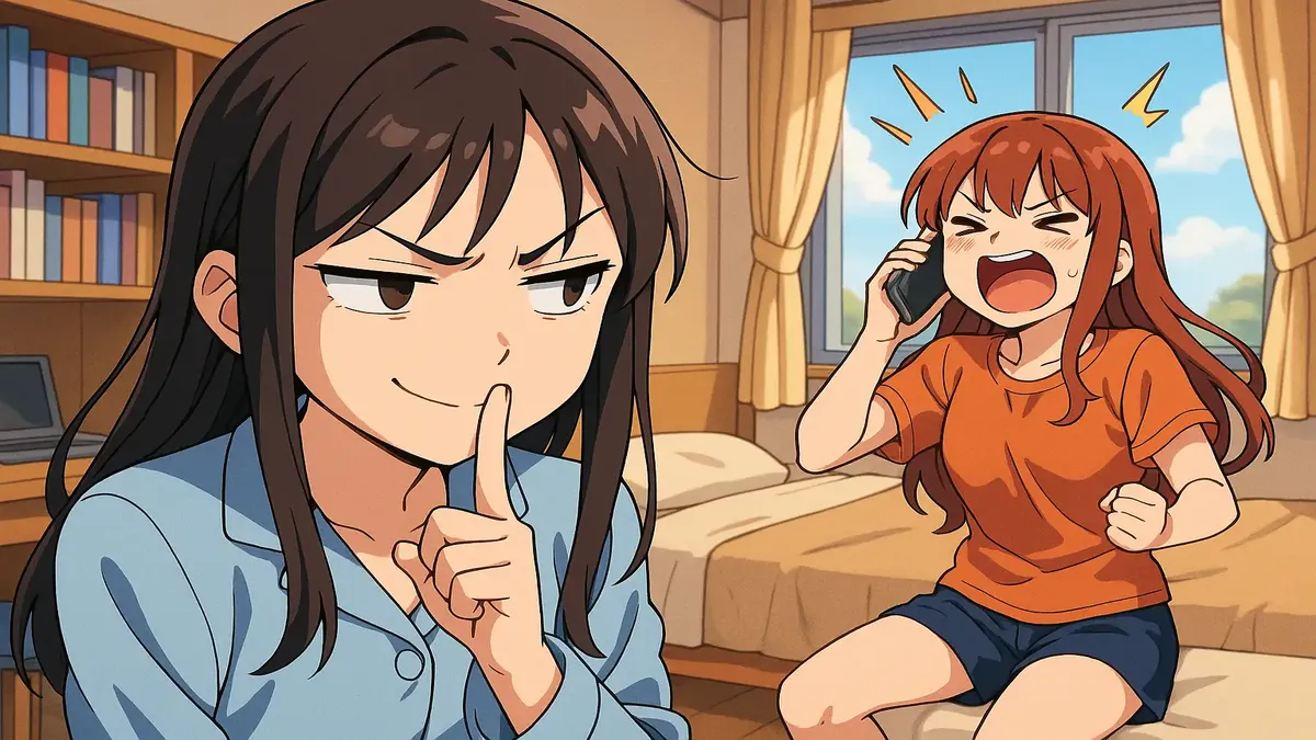 Anime illustration of a frustrated student enduring a loud roommate's phone calls in a dorm room.
