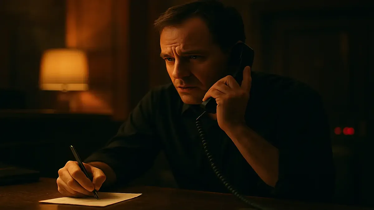 Hotel phone scam illustration featuring a stressed man taking a call in a hotel lobby setting.