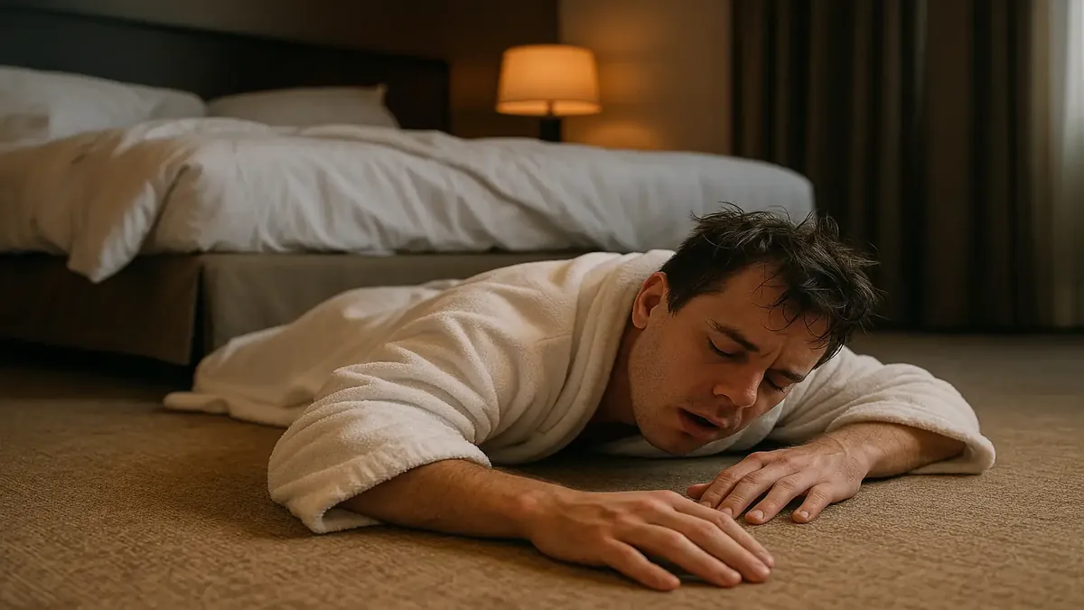 Hotel resort reception at night with a humorous twist, showcasing guest antics for a free stay.