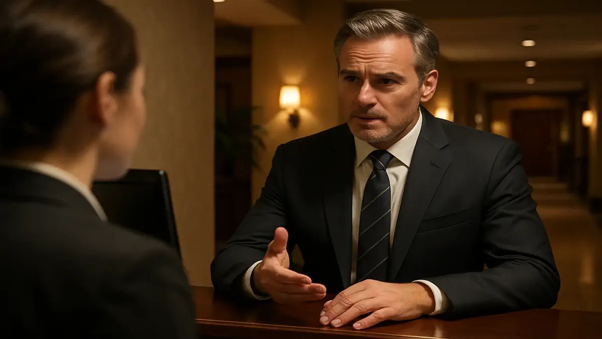 Suit-clad gentleman negotiating room rates at a nearly sold-out hotel during a busy Saturday night.