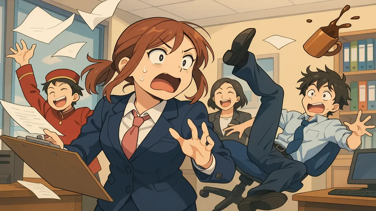 Anime illustration of chaotic workplace antics featuring hotel staff and guests in humorous situations.