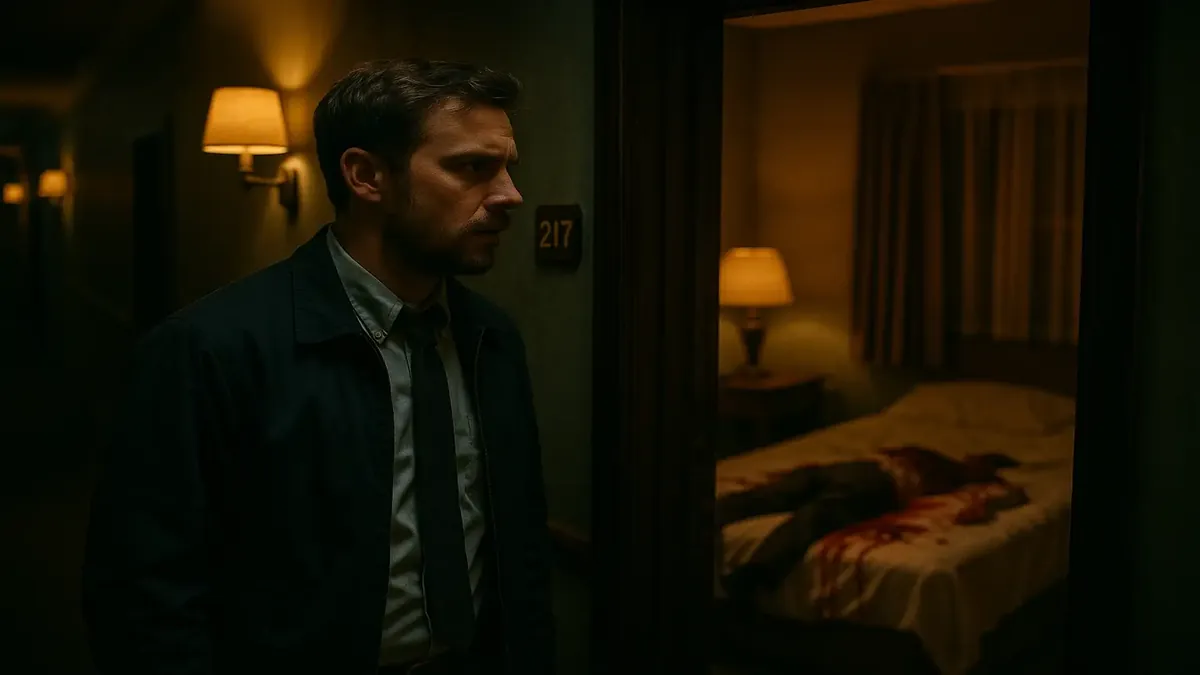 Cinematic image depicting a hotel lobby with a tense atmosphere, reflecting traumatic experiences on property.