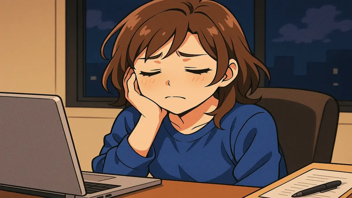 Anime-style illustration of a stressed night worker in a chaotic environment, symbolizing the need for a mental health day.