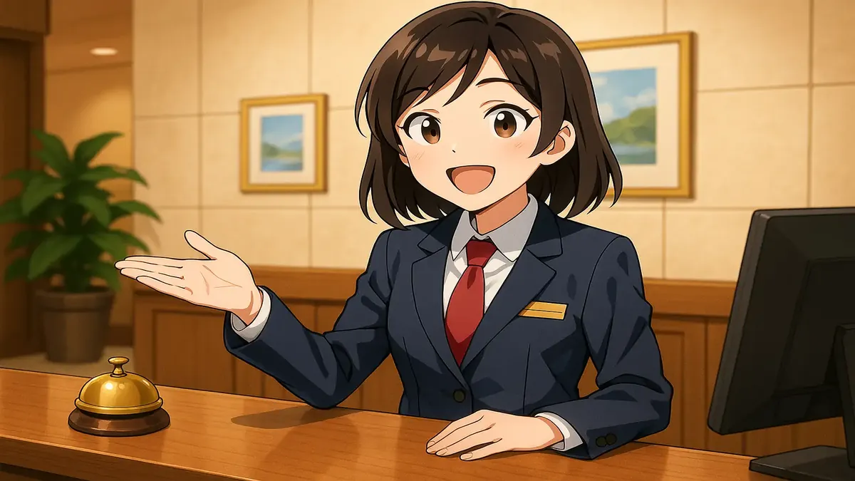 Anime-style front desk employee welcoming guests at a hotel in Moab, Utah, with a friendly smile.