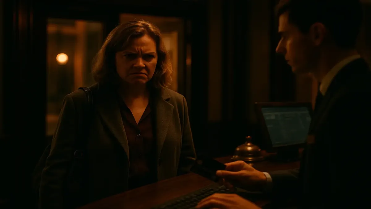 Cinematic image of a frustrated woman at a hotel reception, representing a comical guest review experience.