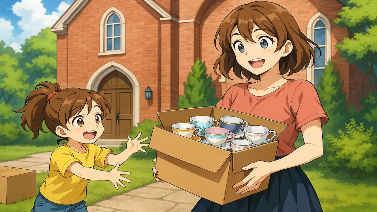 Anime-style illustration of a family attending church, showcasing community and togetherness on a Sunday morning.