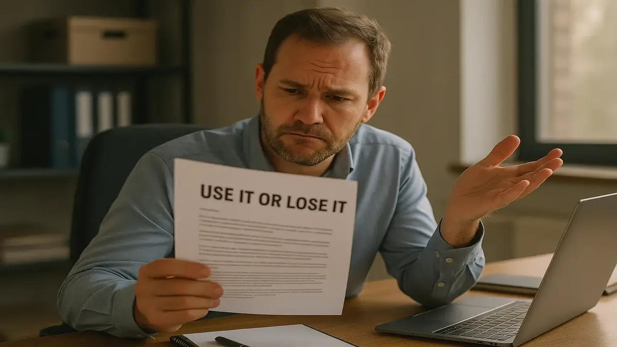 Employee reading HR email about PTO policy with a confused expression in a corporate office setting.