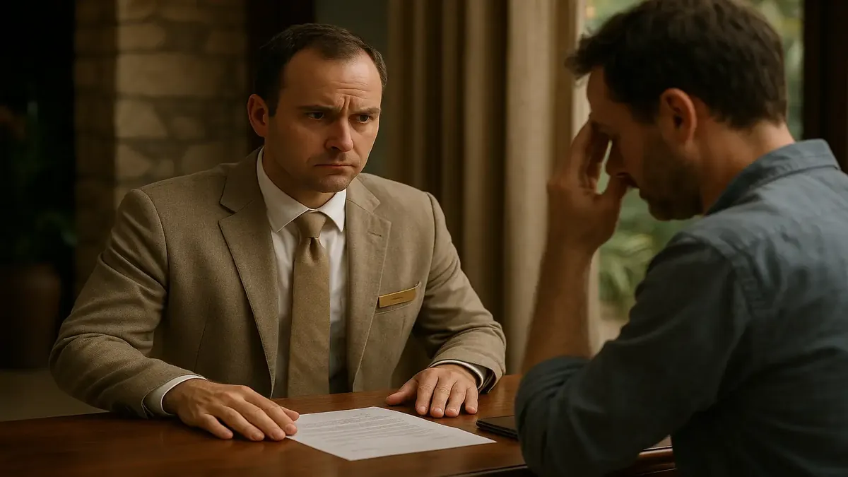 Disappointed guest at resort discussing payment error with staff member over a desk.