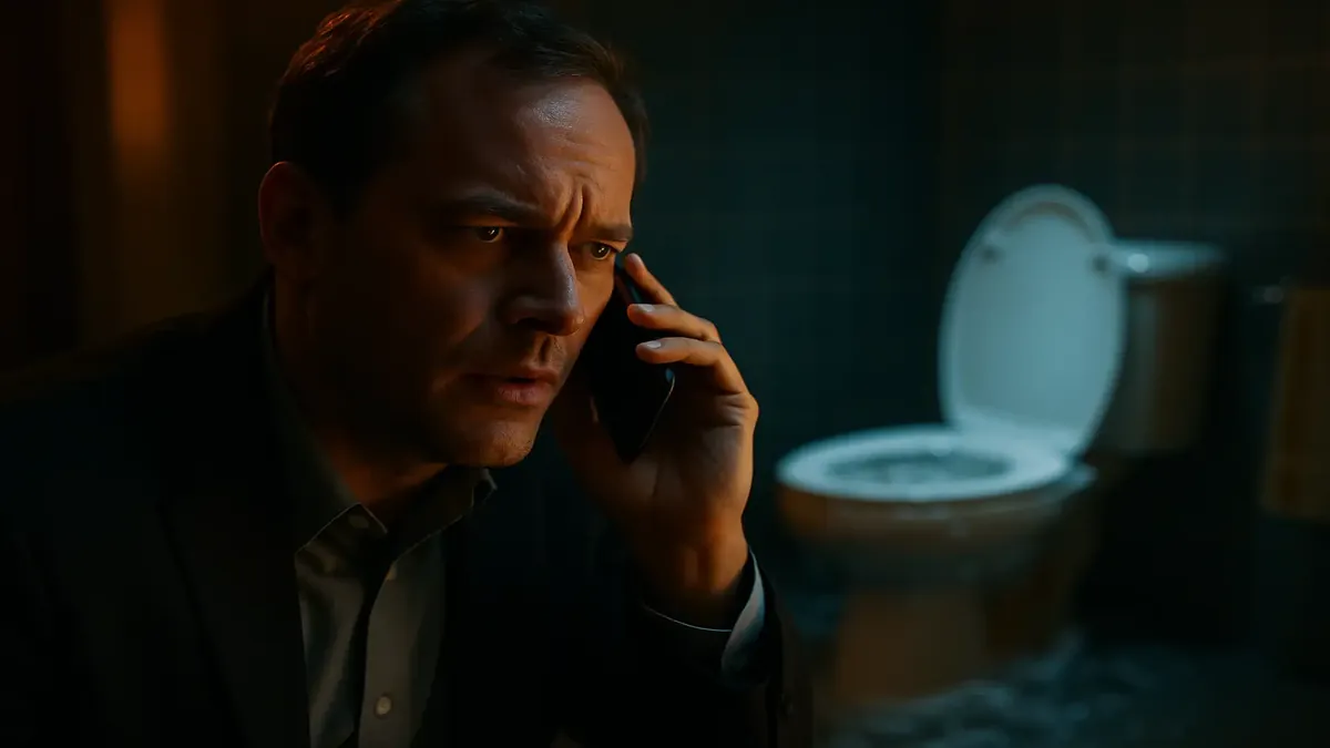 A cinematic image of a bathroom with an overflowing toilet, symbolizing a guest's urgent call for help.