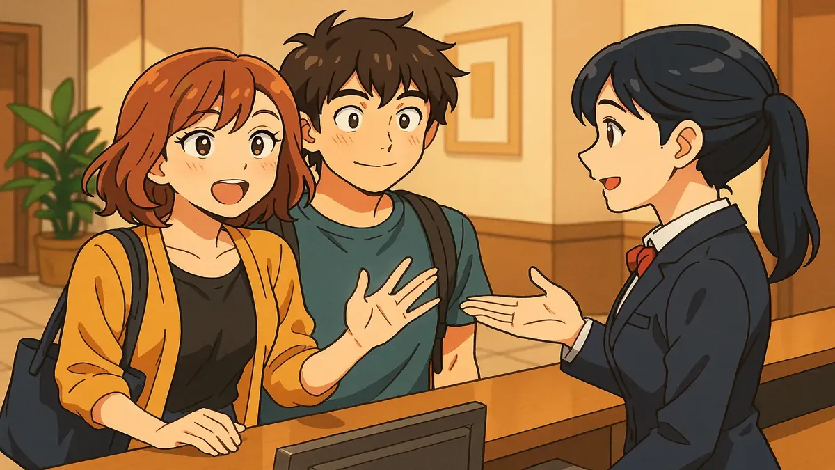Anime-style illustration of a hotel front desk with travelers sharing amusing stories.