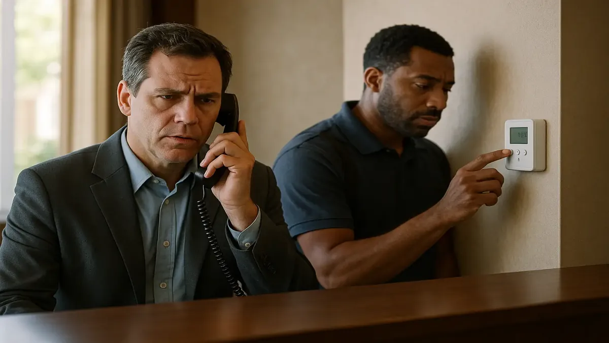 A close-up of a modern thermostat on a wall, symbolizing miscommunication in hospitality settings.