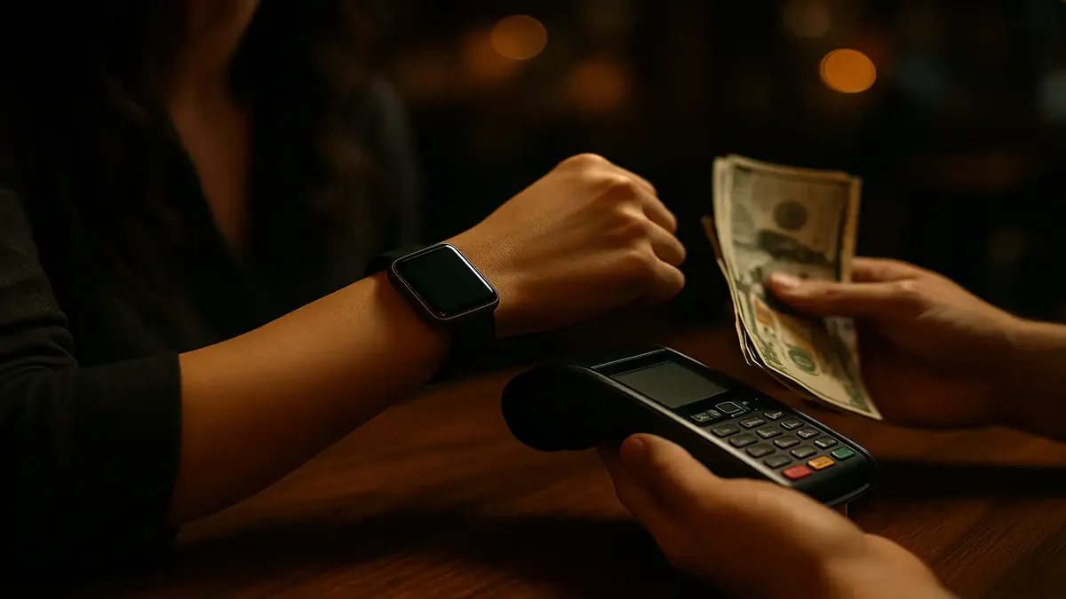 A futuristic smartwatch displaying cashless payment options in a bustling urban setting.