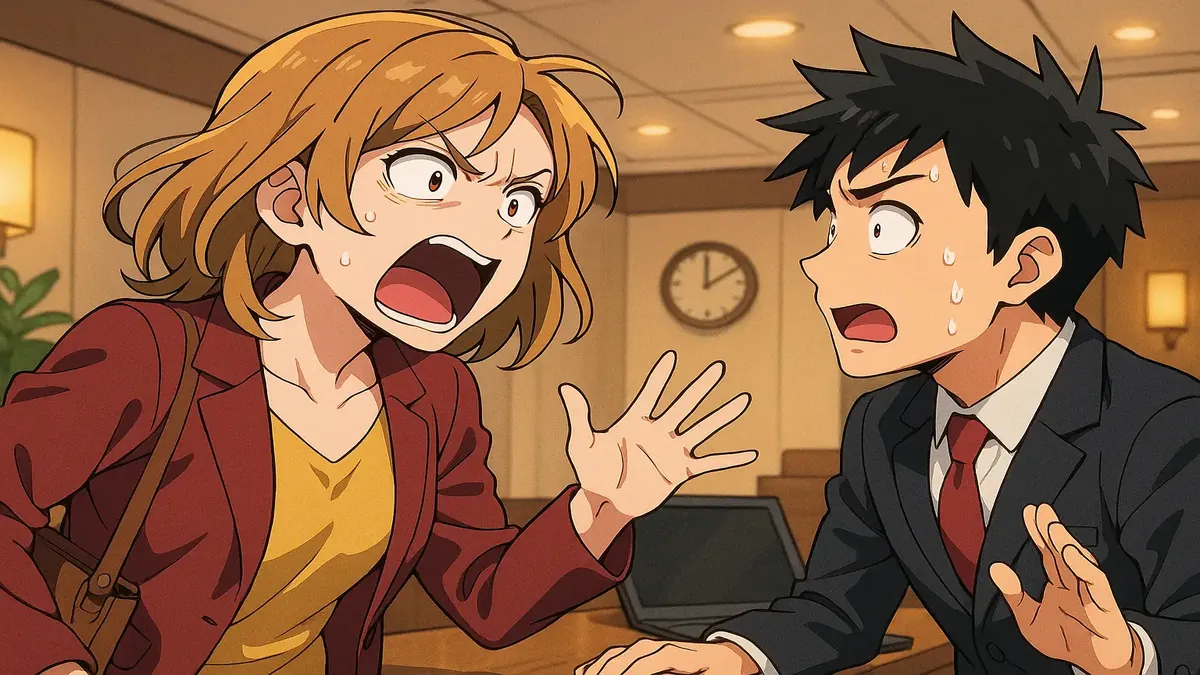 Anime illustration of a frustrated guest arguing at a hotel check-in late at night, capturing absurd complaints.