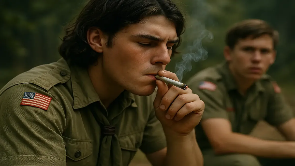 Boy Scouts rolling cigarettes, showcasing a nostalgic moment of camaraderie and rebelliousness.