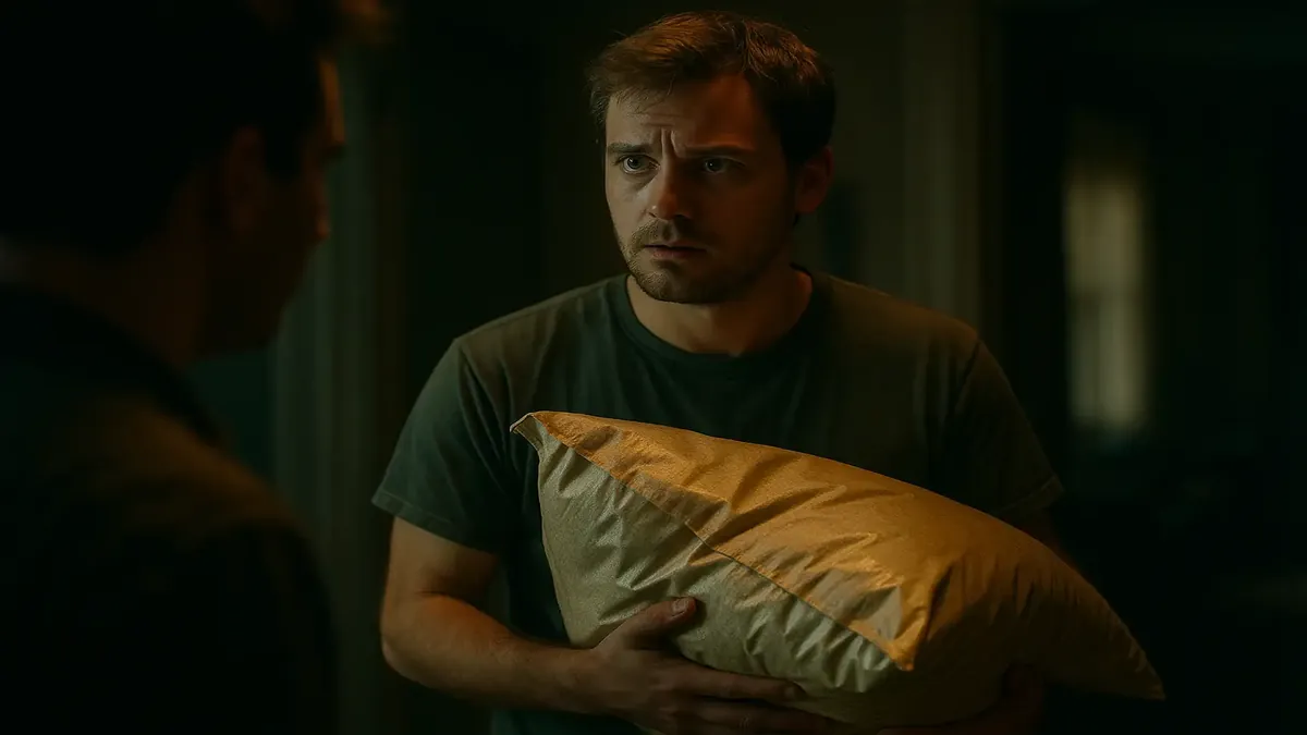 A man puzzled by pet food choices, holding a large bag of generic dog food in a pet store aisle.