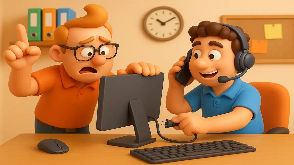 Cartoon-3D illustration of a confused user with a wireless monitor needing a power cord, highlighting common tech issues.