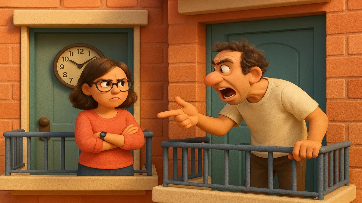 Cartoon-3D image of a renovated building highlighting community tension between new and old residents.