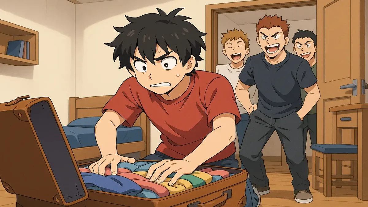 Anime illustration of a college dorm scene with a bully and friends taunting a roommate, capturing 80s movie vibes.