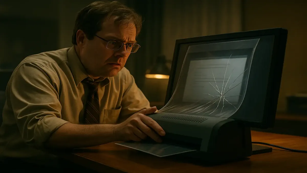 Coworker laminating his computer screen, humorously misunderstanding 'read-only' PDF files.