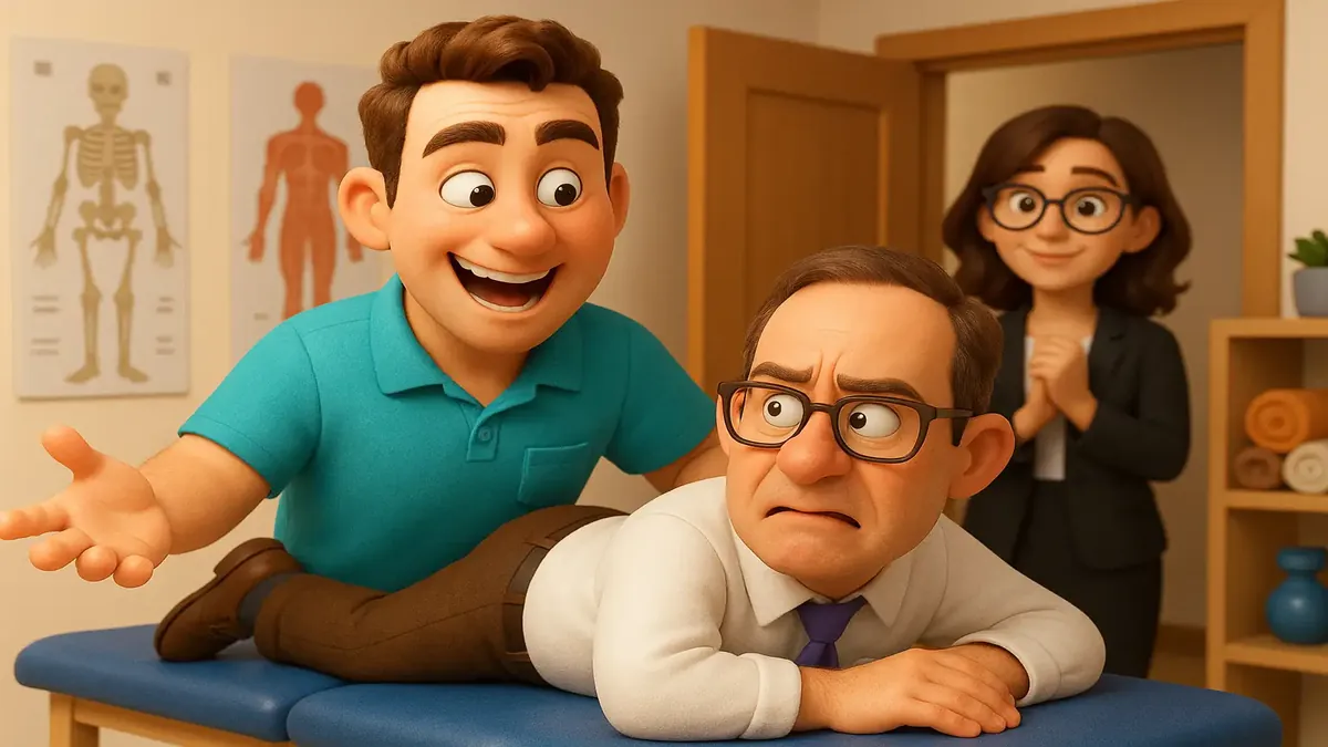 Cartoon-3D illustration of a physical therapist surprising a lawyer at a clinic, showcasing their unique relationship.