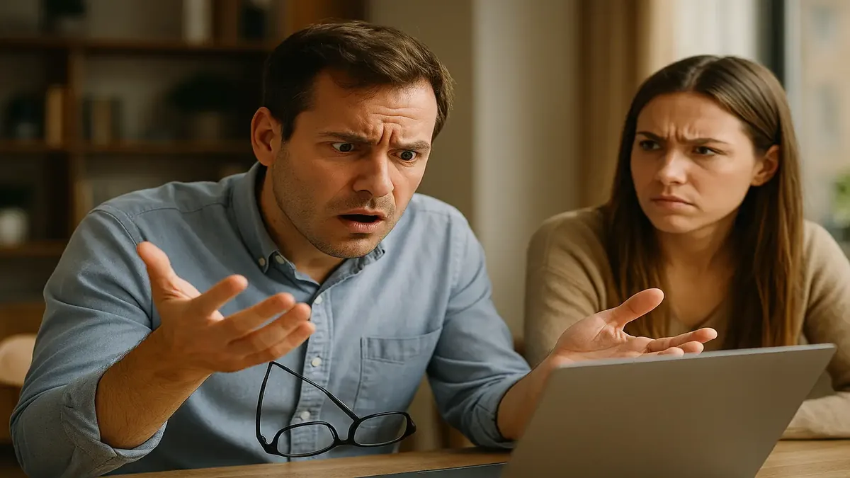 A confused person looking at a computer screen with CC settings, symbolizing misunderstanding of closed captions.