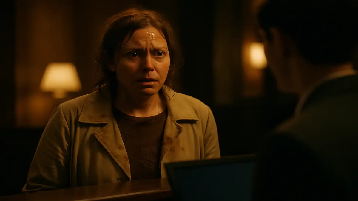 Woman rushing to the bathroom in a hotel lobby, showcasing urgency and surprise in a cinematic style.