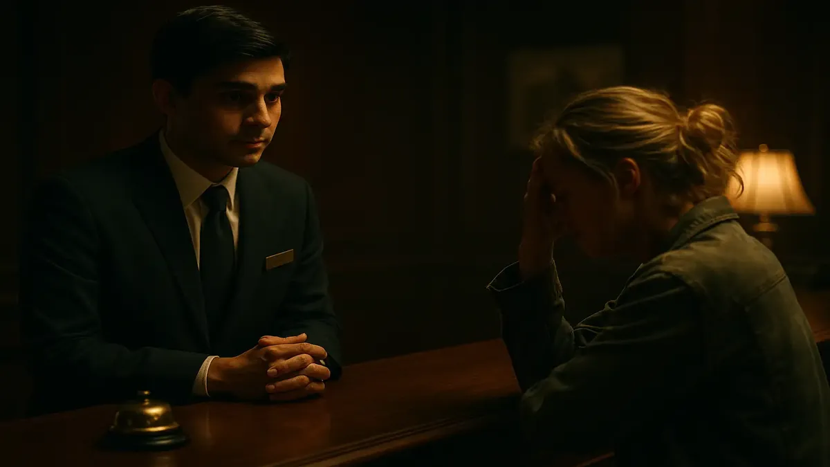 Guest checking in at a hotel front desk, highlighting kindness and customer service challenges.