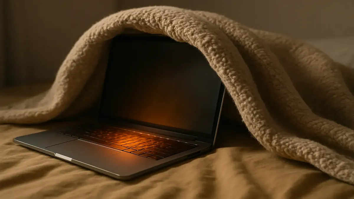 A laptop overheating under a blanket, illustrating the dangers of obstructed ventilation.