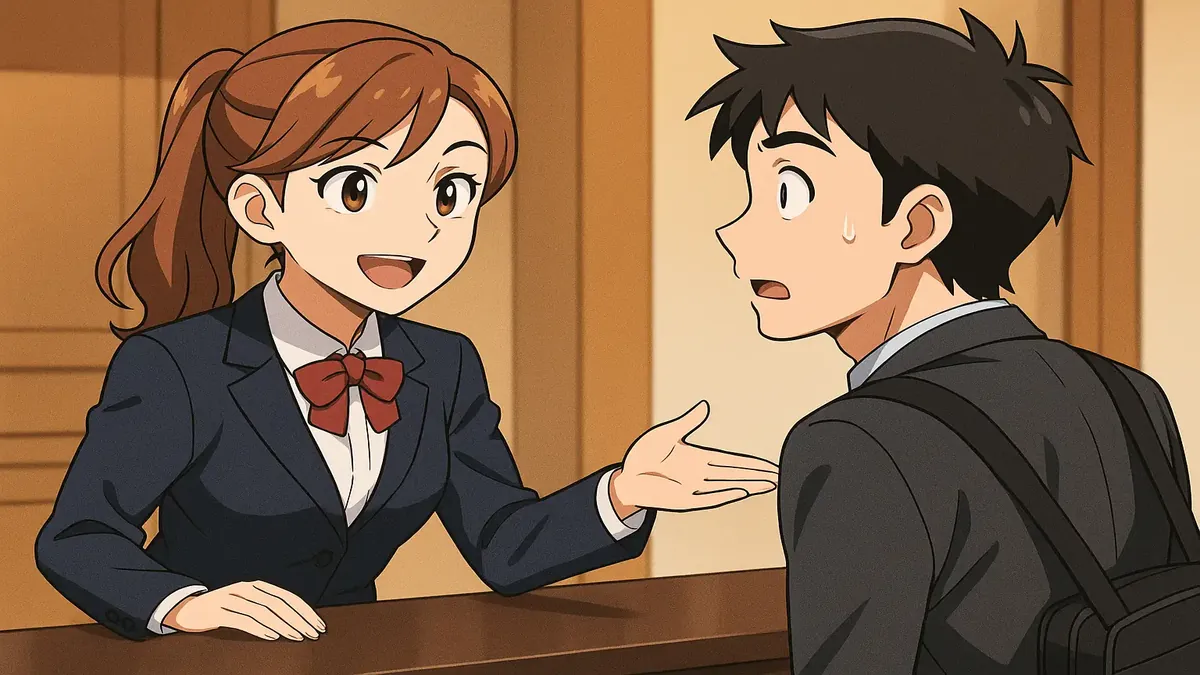 Anime-style illustration of a hotel check-in scene with a cheerful staff member and a welcoming guest.