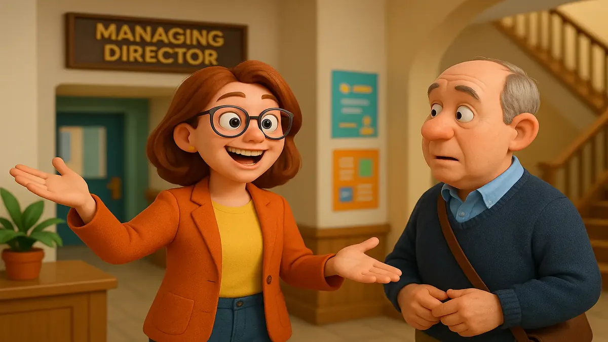 Cartoon-3D image of a managing director in a dormitory lobby welcoming diverse residents and guests.