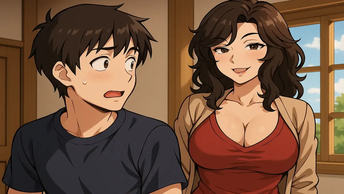 Anime illustration of a young couple and a caring mother in a warm, nostalgic setting, reflecting youthful romance.