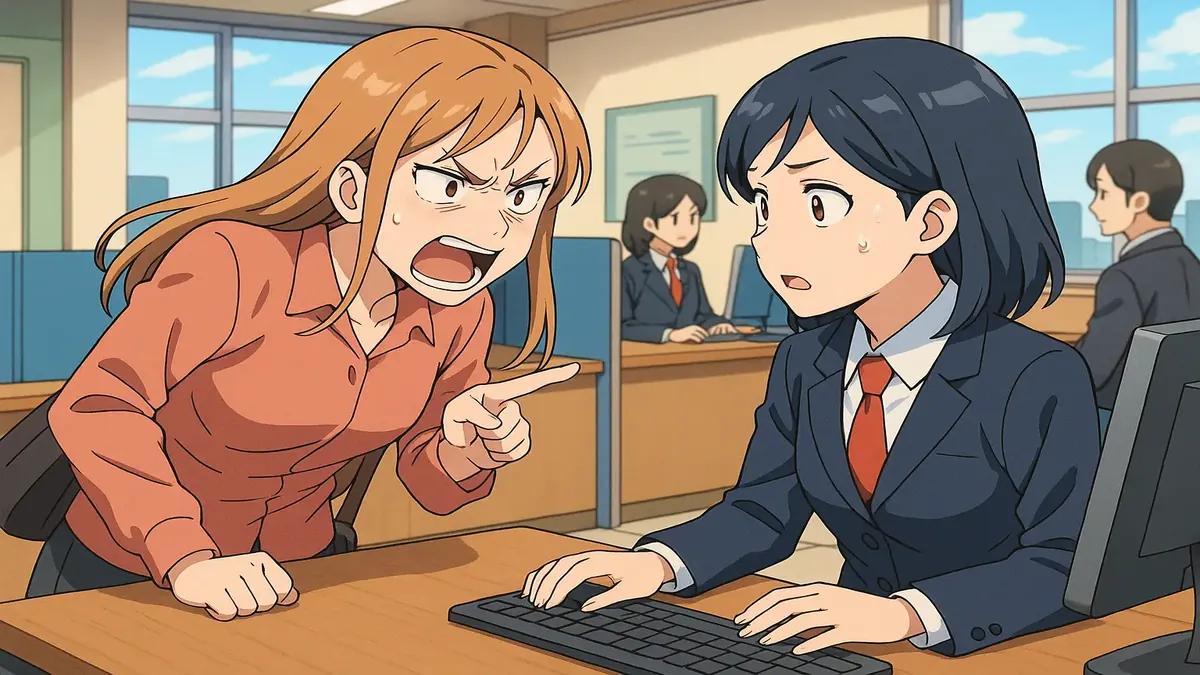 Anime-style illustration of a frustrated bank employee dealing with a rude client at a desk.