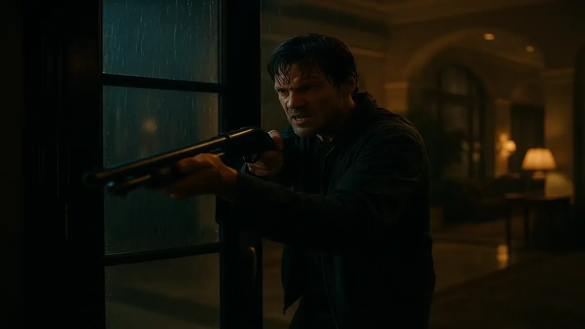 Hotel lobby bustling with excited guests before a college football game night.