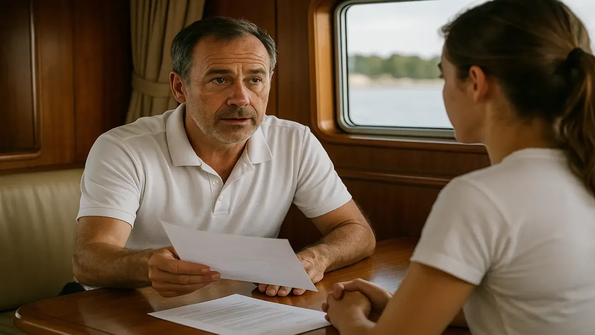 Stewardess on a yacht facing challenges with rude crew members, showcasing a tense work environment.