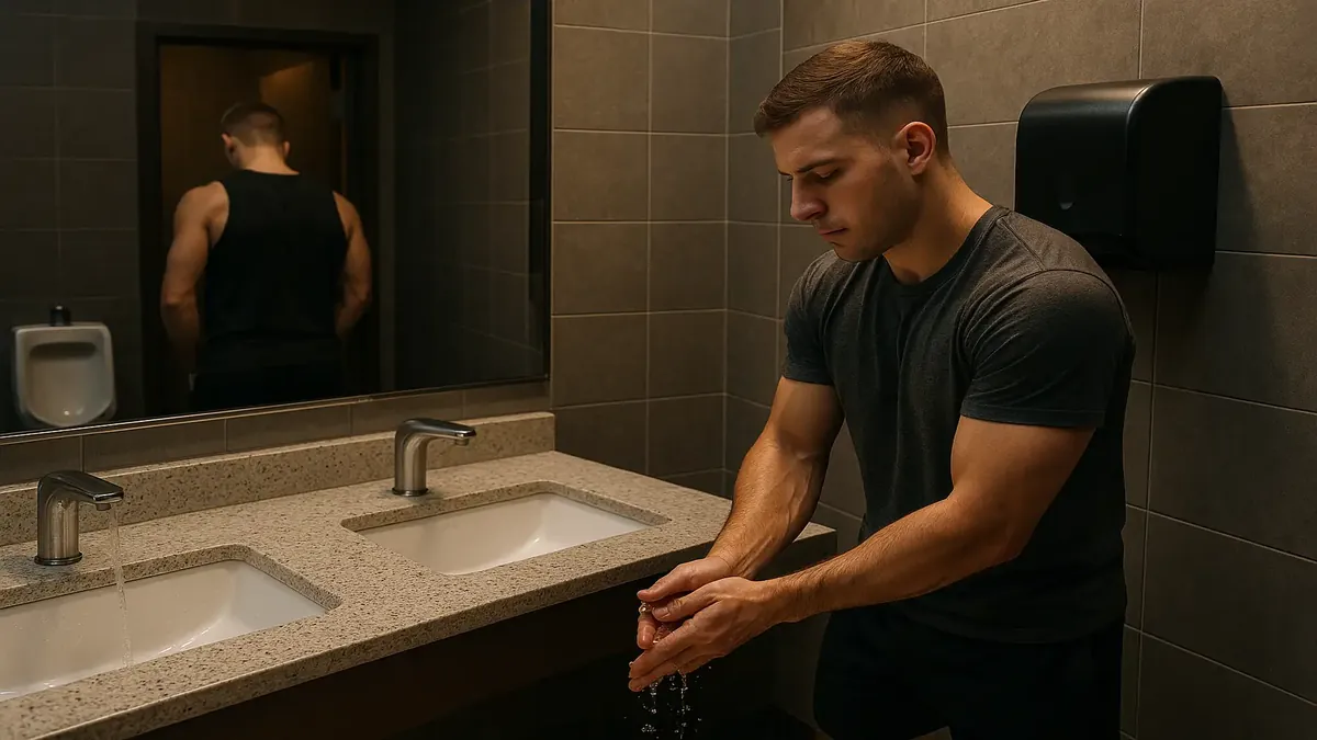 Urinal in gym bathroom with sink and paper towel dispenser, highlighting hygiene importance post-workout.