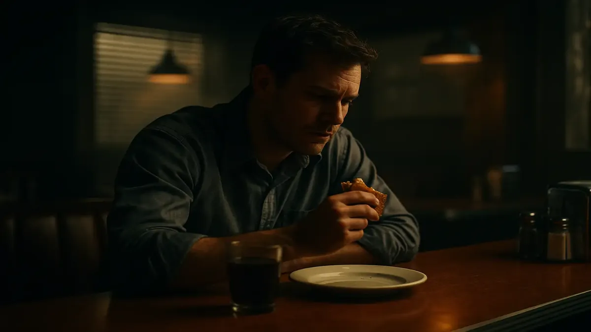 Cinematic scene of a frustrated employee contemplating staying late at work after finishing tasks.